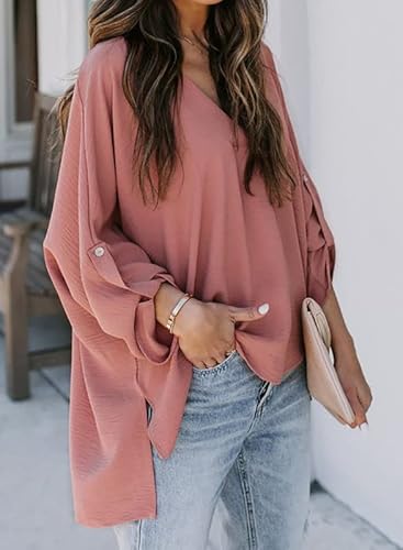 Dokotoo Ladies Summer Casual Office V Neck Chiffon Cuffed 3/4 Sleeve Solid Tunic Tops And Blouses For Work Loose Fitting Shirts For Women 2023 Pink Us 12 14 #TOP7
