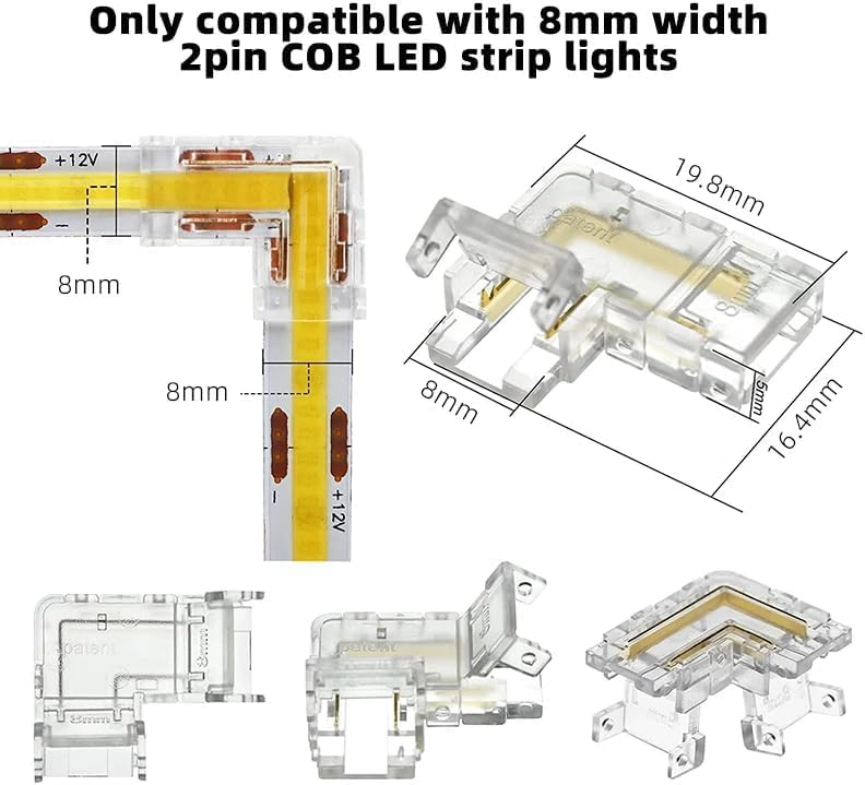 ENQIMAOYI 8mm LED Connectors, 12pcs L-Shaped/Corner, Solderless, 5V-24V COB LED Strip Lights, Whit - Image 3
