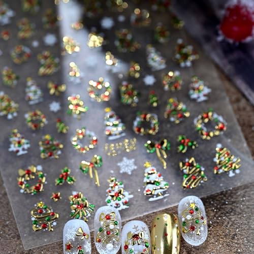 Image of Christmas Tree Nail Sticker Decals Gold Nail Stickers Bow Nail Decals with Colorful Design 5D Self Adhesive Nails Charms for Women Girls Xmas Manicure Decoration Accessories Supply