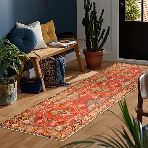 Leevan Boho Runner Rug 2'X6' Oriental Floral Area Rug Traditional Vintage Floor Carpet Bohemian Bedroom Throw Rugs Washable Kitchen Runners Orange Non-Slip Hallway Accent Rug Low-Pile Living Room Rug #TOP1