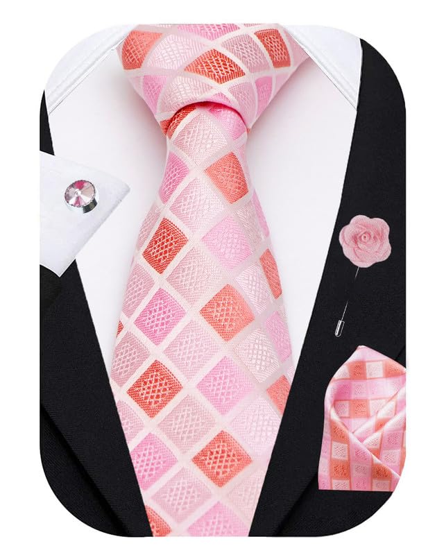 Image of Axlon Tie for Men - Micro Silk Neck Ties Set with Cufflinks Flower Pin, Pocket Square & Black Gift Box, Combo Necktie Sets for Office Wear, Formal Suits & Weddings (0, Checkpn)