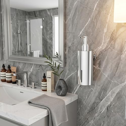 Image of Premium Wall Mounted Liquid Soap Dispenser - 304 Stainless Steel Holder with Frosted Glass Bottle | Rust-Proof Hand Wash Pump for Bathroom, Kitchen, & Wash Basin (Round 10CH)