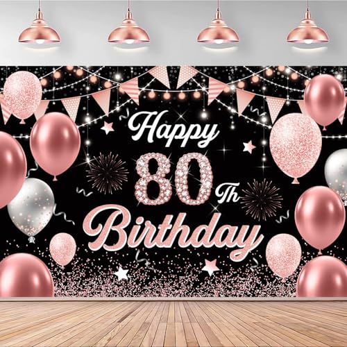 Image of 80th Birthday Decorations for Women - Happy 80th Birthday Banner Decorations Cheers to 80 Years Birthday Party Indoor and Outdoor Decoration Suppiles Pink Backdrop for 80th Birthday Party Favors Decor