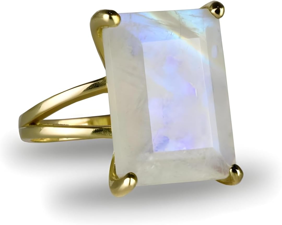 14k Gold Rings - Rectangle Moonstone Ring in Prongs - Elegant Gem Rings for Women - Celebrations and Everyday Wear - with Box