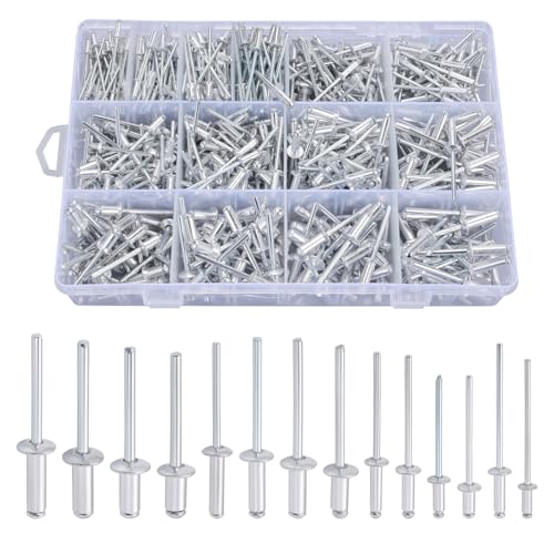 600pcs/1200pcs Blind Rivets Pop Rivets Assortment Kit, 14 SAE Sizes Aluminum Rivets (3/32″ 1/8″ 5/32″ 3/16″), Assorted Blind Rivets with Reinfored Divider & Labeled Case for Storage (600)