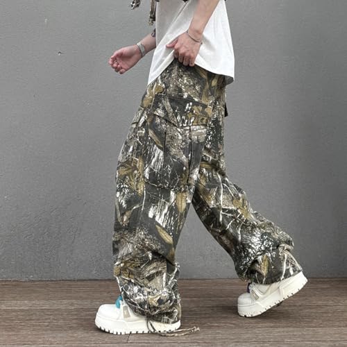Women's Y2K Retro Cargo Pants Loose Fit Leaf Camo Print Streetwear Casual Trousers Unisex Baggy Jeans Edgy Style Dark Black2