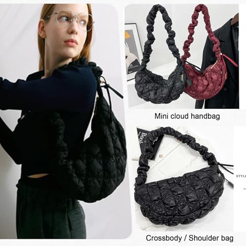 Image of Quilted Puffer Tote Bag for Women Large Quilted Crossbody Bag Lightweight Nylon Puffy Hobo Shoulder Bag Puff Carryall