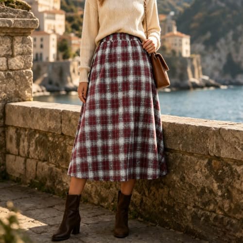 Women's Plaid Midi Skirt High Waisted A Line Long Flowy Fall Skirt S - image 3
