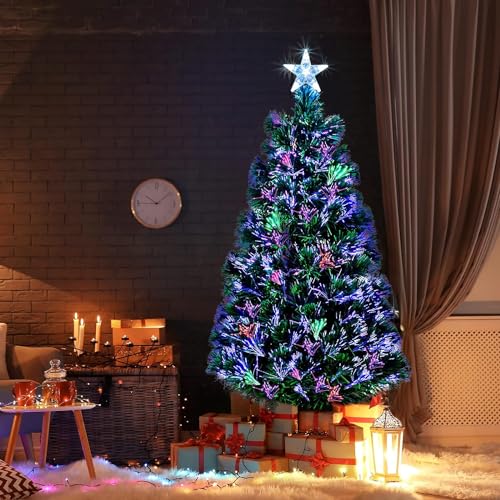 Green Christmas tree Fiber Optic tree Colour changing multicolour with stand free standing Artificial Xmas Tree with Star Topper Holiday Decoration for Home Office & Parties