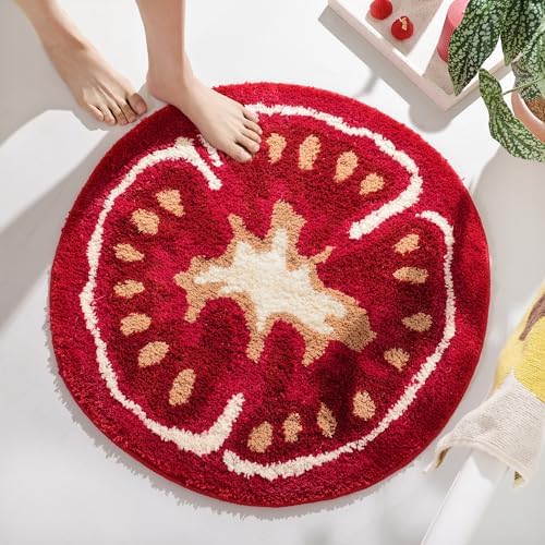 FROZZUR Tomato Cute Bath Mat for Bathroom, Red Round Bath