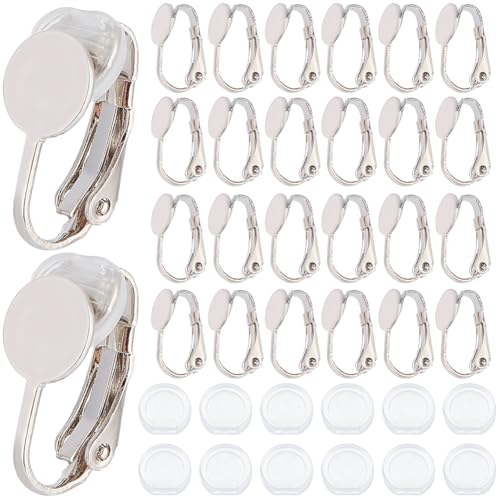 SOFPLATE 1 Box 20Pcs Clip-on Earring Converter Silver Clip on Earrings Converter Brass Round Flat Back Tray Earring Clips with Plastic Pads Non Pierced Earring Findings for jewellery Making Supplies D