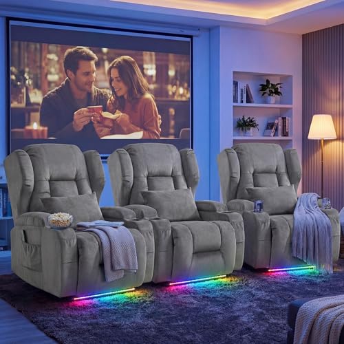 Image of Wall Hugger Power Recliner Chair Set of 3, Overstuffed Home Theater Seating w /Heat Massage Electric Movie Gaming Sofa Reclining Sleeper Chair with LED Light /Lumbar Pillow /Cup Holders