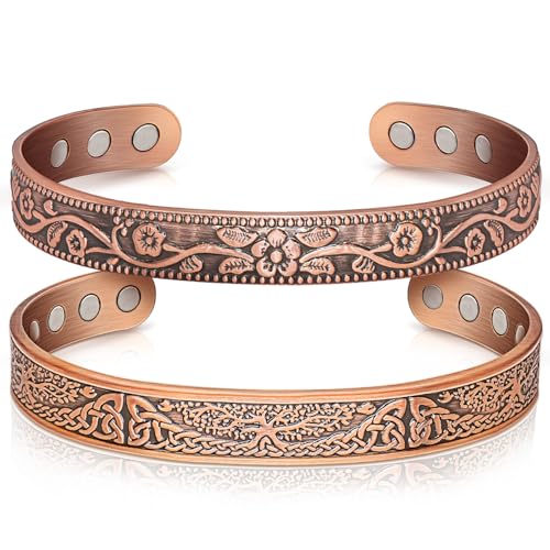 Copper Bangle for Women Magnetic Cuff Bangle with 3500 Gauss Magnets 100% Pure Copper Jewelry with Gift Box(Set of 2)