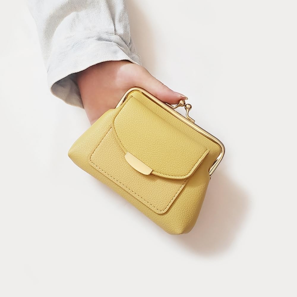 Genuine Leather Kiss Lock Coin Purse for Women with Credit Card Slot Large Capacity Blue (Yellow) - Image 4