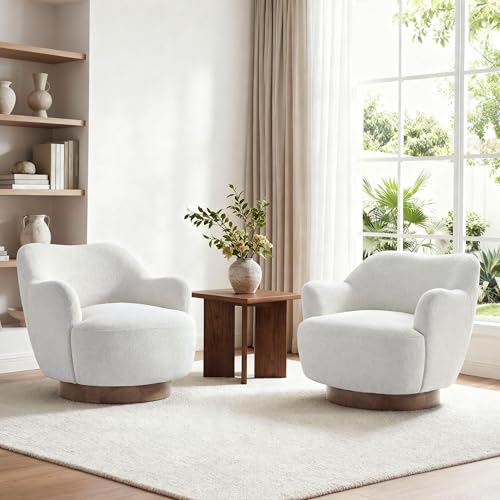 Image of KISLOT, Swivel Accent Chair, Arm Chair with Wooden Base, White, Set of 2 | Upholstered Barrel Chair with Curves Camel Back Design, Modern Arm Chair with Wooden Base, Living Room Bedroom Reading