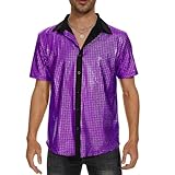 Zando Sequin 70s 80s Disco Shirt Men - Retro Sparkling Purple Outfit Short Sleeve Button Down Fashion Metallic Costume Top For Halloween New Year Themed Party & Nightclub Prom Large
