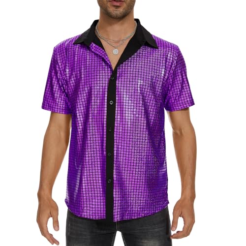 Image of Zando Men's Sequin 70s 80s Disco Shirt - Retro Short Sleeve Button Up Costume Halloween New Year Party Outfit Top & Clubwear