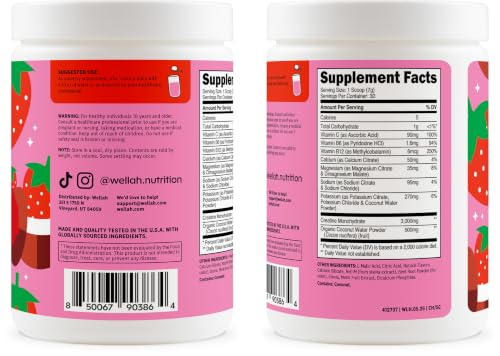 Image of Wellah Creatine + Electrolytes Powder (Strawberry Coconut) 30 Servings | Hydration Drink Mix with 3g of Creatine Monohydrate