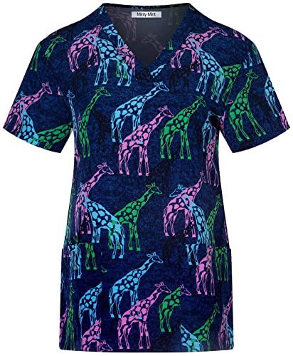 Minty Mint Women's Comfortable Easy Fit Lightweight Durable Stretch Printed V-Neck Medical Scrub Top Navy L
