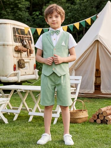 Image of Summer Boys Suit Dress Clothes Kids Wedding Ring Bearer Outfit 4Pcs Shirt Vest Shorts Set