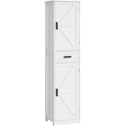 WEENFON Tall Bathroom Cabinet, Storage Cabinet with 6 Shelves & Drawer, Bathroom Storage Cabinet with Adjustable Shelves, Tall Cabinet for Living Room, Home Office, White