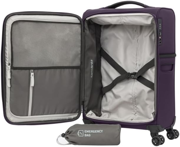Interior view of the Samsonite 72H DLX luggage showing the main compartment with cross elastic bands and an emergency bag