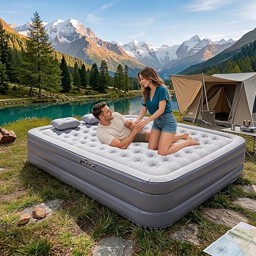Image of Inflatable Air Bed for Camping & Travel, Queen Size 18 Inch Double Height Air Mattress for Home & Guest Use with Electric Pump & Pillows