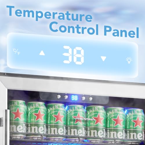 Image of Phiestina Beverage Refrigerator 175 Cans Under Counter Beer Cooler 24 inch Quiet Built-in or Freestanding Beverage Fridge Glass Door Auto Defrost 5 Removable Shelves for Home Bar Office