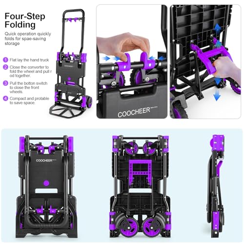 Image of 2 in 1 Folding Hand Truck, 330lbs Aluminum Portable Dolly Cart, Purple | Converts to 2 & 4 Wheel Platform Truck, 5 inch Solid Rubber Wheels, 3-Level Retractable Handle for Moving, Travel, Office