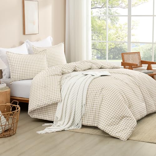 Image of Andency Beige Gingham Comforter Set Full(79x90Inch), Cream Checkered Grid Plaid Buffalo Bed Set for Girls Boys Kids Teens, 3 Pieces Lightweight Polyester Geometric Preppy Bedding