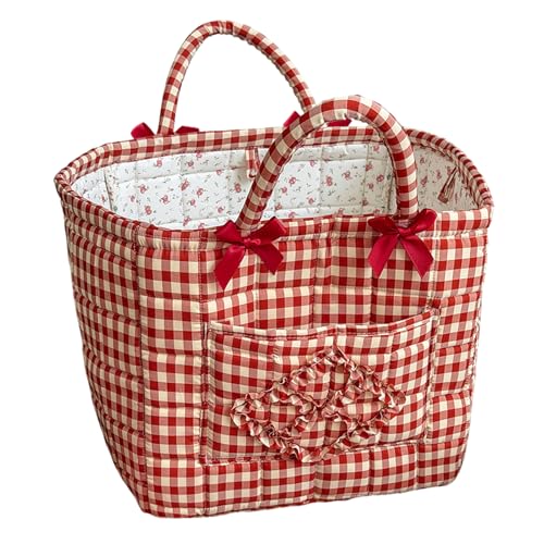 Image of Quilted Fabric Basket Car Storage Basket Boho Floral Laundry Hamper for Nursery Bedroom & Living Room | Organize Clothes Toys (Red Gingham Check)