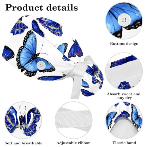 Image of Colored Butterflies Scrub Caps Women, Adjustable Working Cap with Button, Surgical Caps with Bow Hair Scrunchy