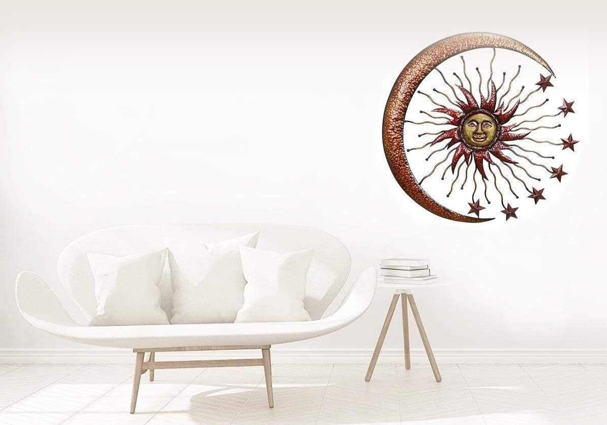 Bellaa 27604 Metal Wall Art Sun Moon Stars Indoor Crescent Celestial Outdoor Hanging Garden Home Decor Large 24 inch