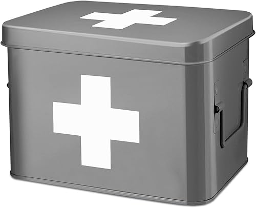 Flexzion Caja de medicamentos, caja de farmacia doméstica, 13.0 x 8.3 x 7.5 in, caja de almacenamiento de medicamentos de metal para emergencia,