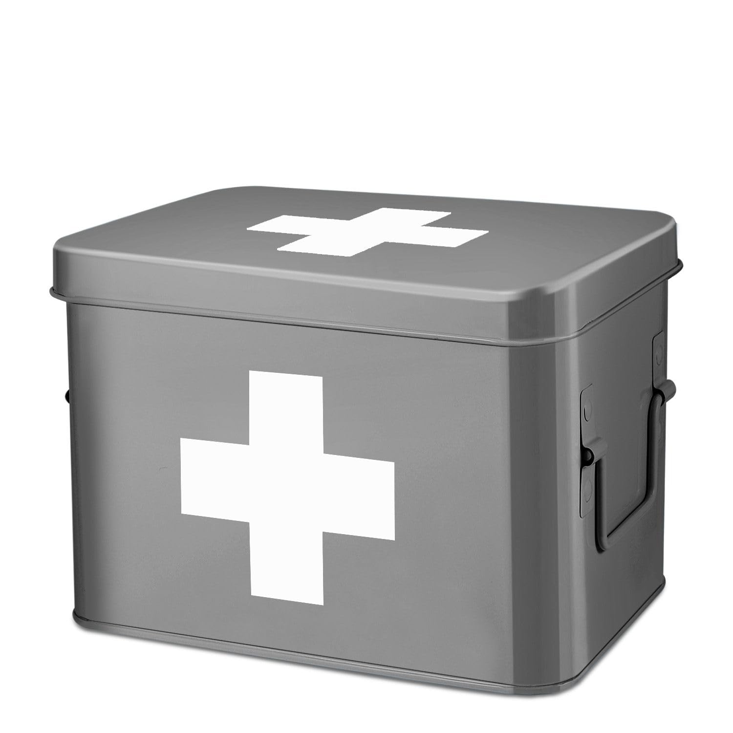 Flexzion First Aid Box Empty 8.5 Inch Metal Medicine Box, Large First Aid Organizer Tin Storage Box with Removable Tray, Dividers, Side Handles, Vintage Medical Supply Container (Gray w/White Cross)
