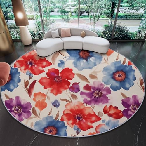 Alfombra Redonda de Franela Suave 100 cm, impresión Acuarela Flores Hojas Texturas, Antideslizante y Lavable, Ideal para Salón Dormitorio Sala de Juegos y Decoración de Hogar, Rojo