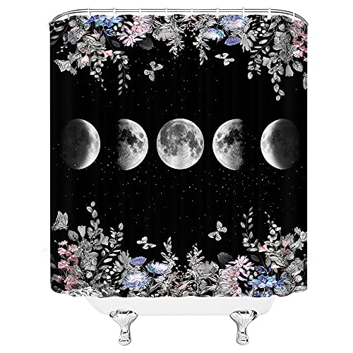 Moon Phase Shower Curtain Moonlit Garden Flower Herbs Botanical Butterfly Nature Lunar Eclipse Floral Vines Night Celestial Fabric Bathroom Decor Sets With Hooks,Grey Black #TOP2