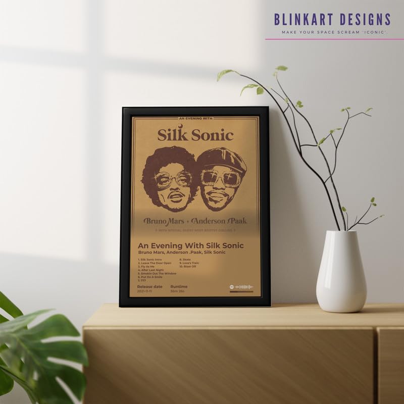 Image of BLINKART Bruno mars- An Evening With Silk Sonic Wall Photo Frames | Wall Art for Bedroom, Living Room, Studio or Office | Album Cover Print with Spotify Song Link QR Code | Gift for Fans - 8x12 In