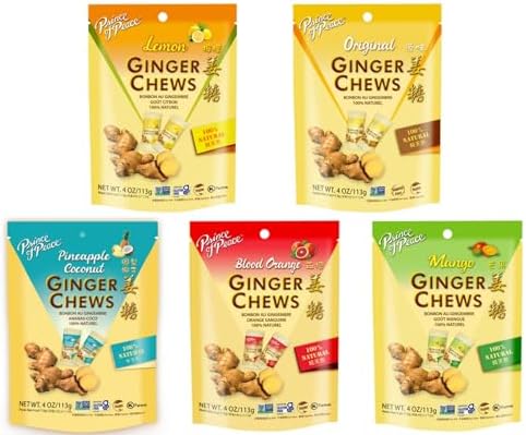 ADVENTURE BOX Ginger Chews 3 Flavor Variety Pack 4oz - Flavors original, Lemon, Blood Orange, Mango, Pineapple Coconut, 100% Natural, non-GMO, Vegan and Gluten-Free, (5 Pack)