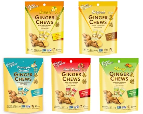 ADVENTURE BOX Ginger Chews 3 Flavor Variety Pack 4oz - Flavors original, Lemon, Blood Orange, Mango, Pineapple Coconut, 100% Natural, non-GMO, Vegan and Gluten-Free, (5 Pack)