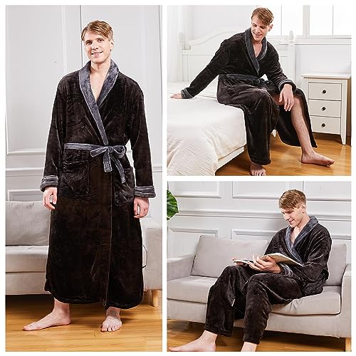 Image of FashGudim Mens Robes Big and Tall Full Length Plush Fleece Long Robe for Men Bathrobe Shawl Collar Warm Winter House Robes