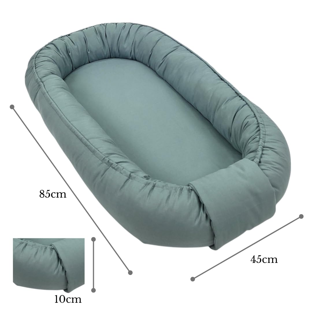 zestaw dla noworodków – gniazdo dla niemowląt 85 x 45 cm w kolorze khaki – przenośne gniazdo dla niemowląt z materacem – nadające się do prania, ze 100% bawełny – bezpieczne do domu i