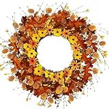 20 Inch Christmas Wreaths for Front Door Fall Wreaths for Thanksgiving & Halloween & Harvest Festival Indoor/Outdoor Fall Decorations with Maple Leaves, Eucalyptus, Berries and Daisies