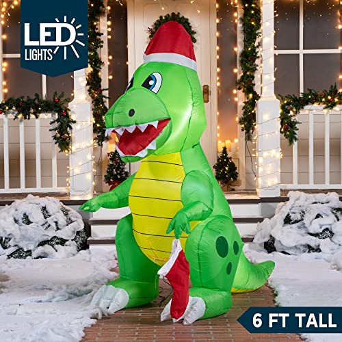 Joiedomi 6 Ft Christmas Inflatable Dinosaur, Dinosaur Holding A Christmas Stocking With Build-In Leds Blow Up Inflatables For Christmas Party Indoor, Outdoor, Yard, Garden, Lawn Decorations #TOP1