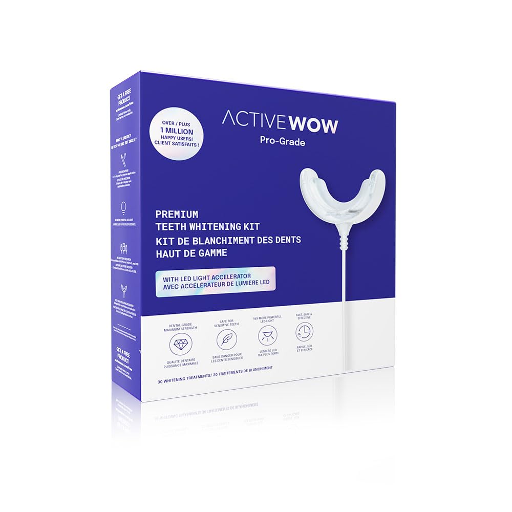 Active Wow 24k White Premium Teeth Whitening Kit - LED Light, Fluoride Free - Mint Flavor, 30 Treatments