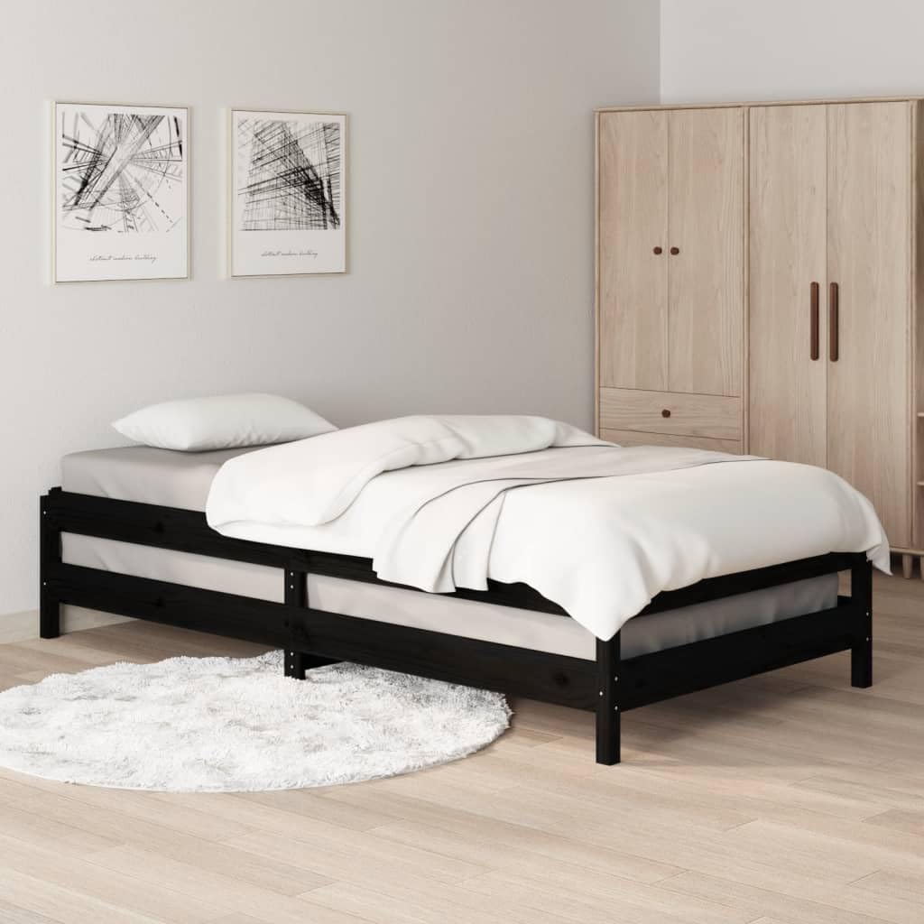 Stapelbett 90x200 cm Schwarz Massivholz Kiefer Gestell für Gäste- & Jugendzimmer, stapelbarer Bettrahmen mit Lattenrost, platzsparendes Einzelbett für Schlafzimmer & Wohnheim