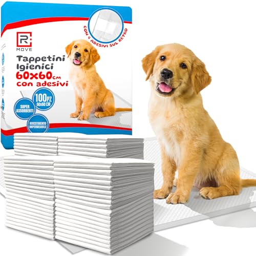 R MOVE 100 Traversine Cani 60x60 con Adesivi - Tappetini Igienici Assorbenti per Cani, Traverse Cane EXTRA Assorbenti, Telini Pipi, Tappetino Igienico con rivestimento antiodore Traversina Assorbente