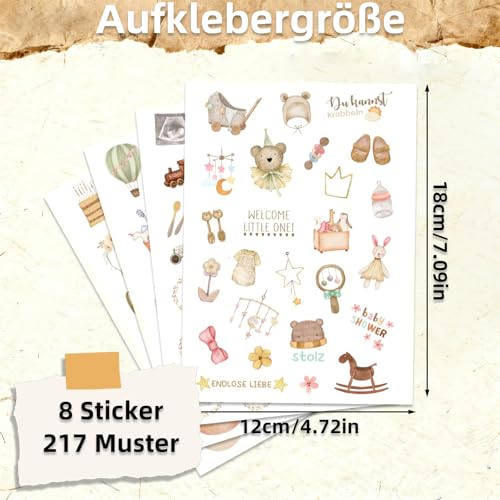 Sticker Babyalbum,8 Blätter Sticker Baby Mit 217 Motiv,Scrapbook Stickers,Babyalbum Aufkleber Für Diy Fotoalben, Sammelalben, Geschenke, Junge Mädchen Meilenstein Aufkleber (Baby)