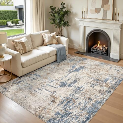 DMOYEST Teppich Wohnzimmer 150x200cm Blau Beige Modern Abstrakt Waschbar – Ansicht 1