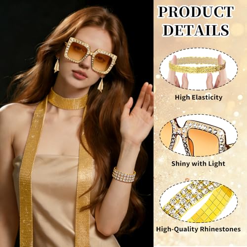 Kuvarix 70er 80er Jahre Disco Zubehör, 6 Stück Glitzer Outfit Damen Accessoires, Disco Outfit Damen mit Ohrringen, Schal, Armband, Stirnband und Brille für Fasching Disco Retro-Party Musikfestival